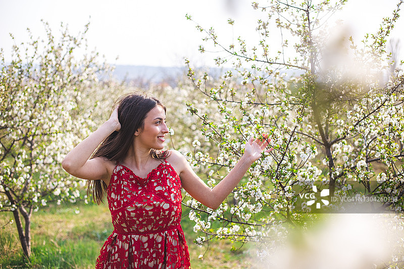 在盛开的树木中的年轻女人图片素材