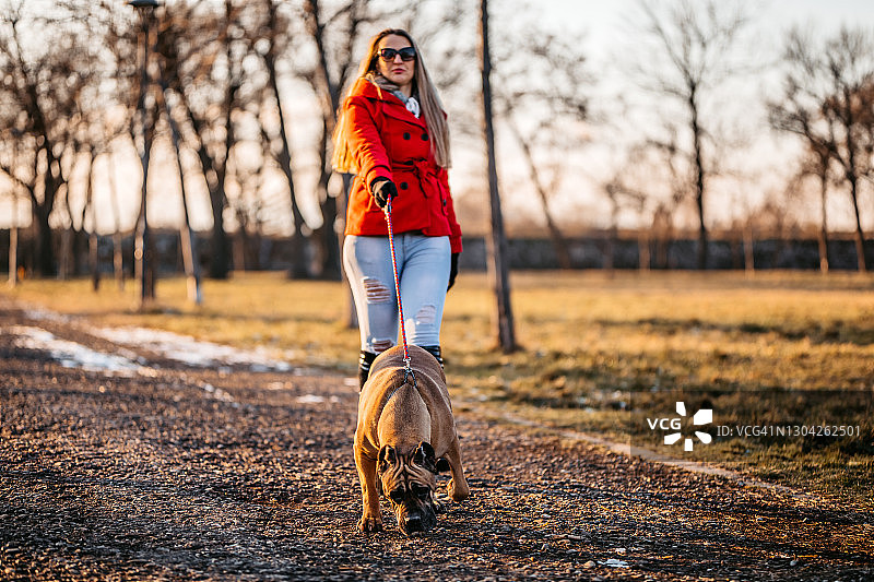 女人在公园里遛狗图片素材