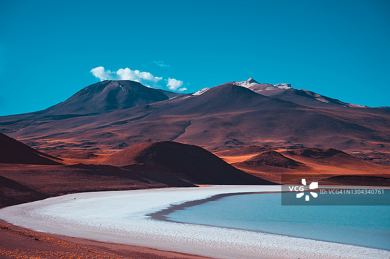 红色火山与蓝色盐湖自然风光背景图片素材