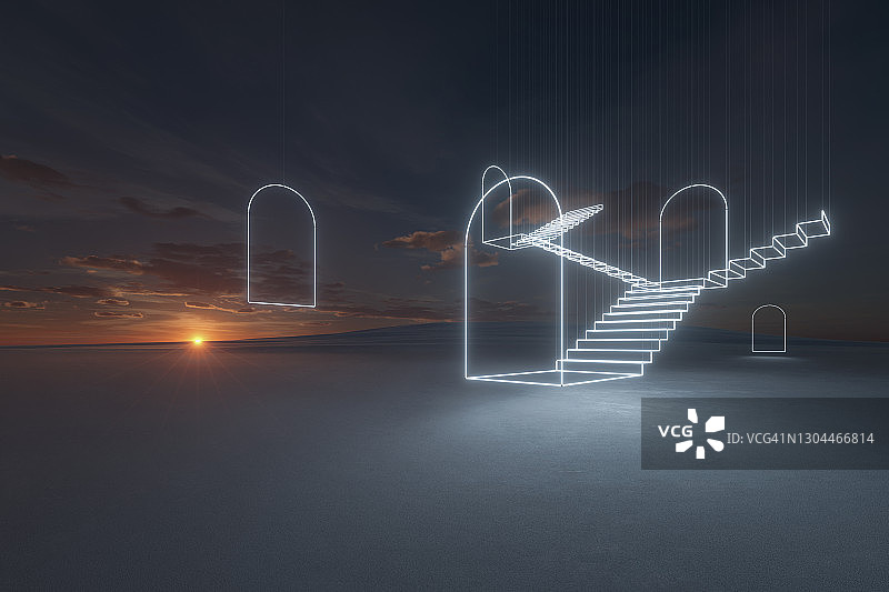 抽象霓虹灯在日落时分照亮雪地上的门和楼梯图片素材