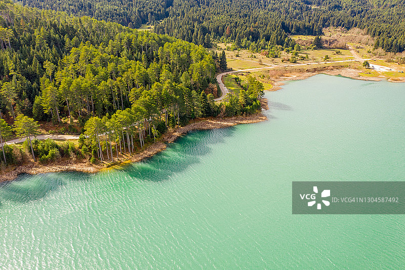 湖泊和黑松树的航拍照片图片素材