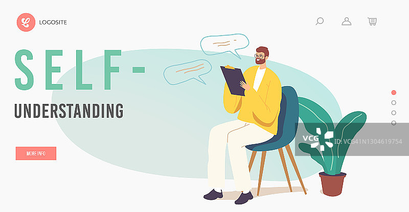 自我认知着陆页模板：心理医生在剪贴板上书写，倾听诊所中的来访者图片素材