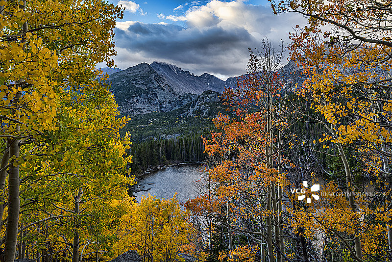 科罗拉多州落基山国家公园的秋色、熊湖和朗斯峰美景图片素材