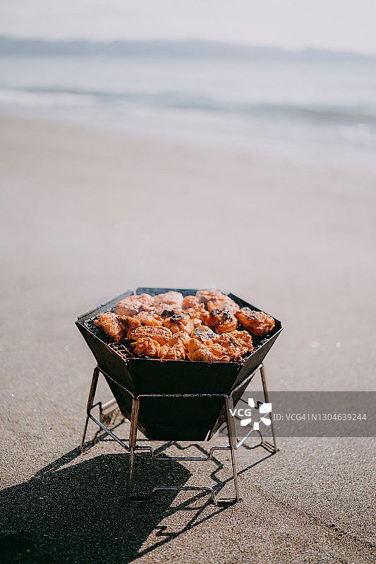 海滩烧烤炉上的唐杜里烤鸡图片素材