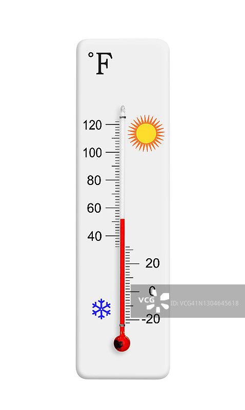 华氏温度计，用于测量天气温度。温度计在白色背景上隔离。环境温度为52度图片素材