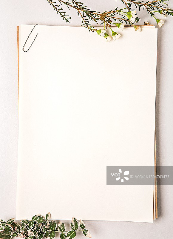 白色背景上的米色卡片和蜡花简约构图图片素材