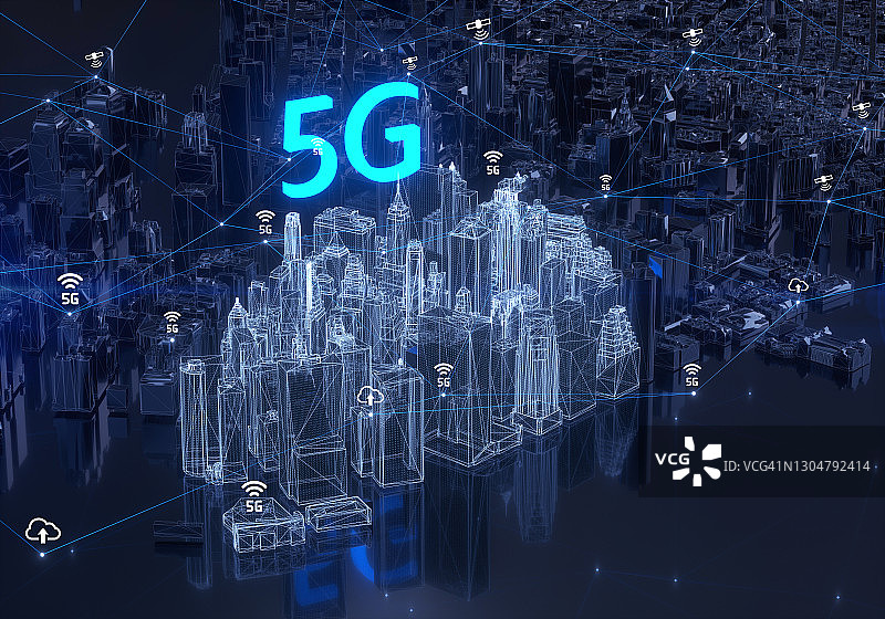 数字城市全息图上的5G标志图片素材