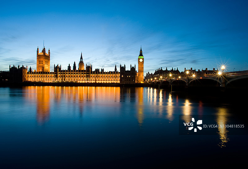 伦敦黄昏时的威斯敏斯特宫、大本钟和威斯敏斯特桥图片素材