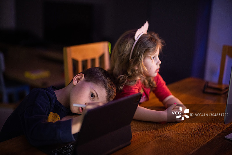 兄妹俩在晚上上网图片素材