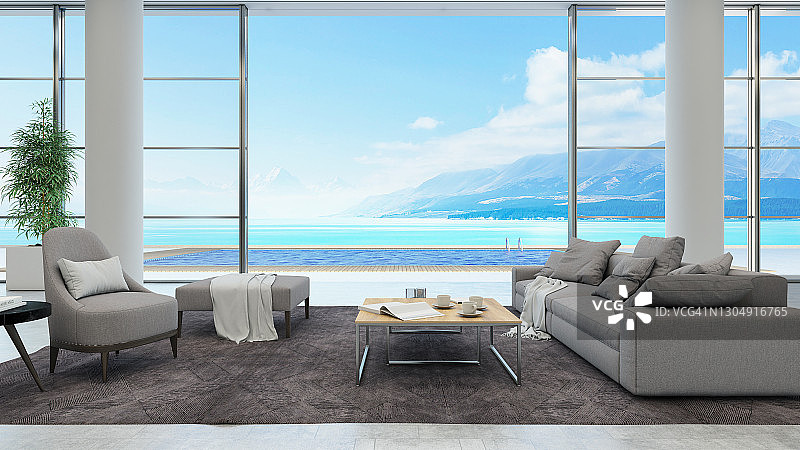 带游泳池和海景的夏日别墅内景图片素材