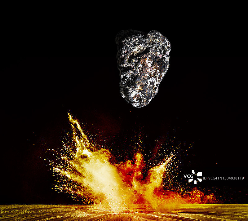 陨石撞击土壤，产生爆炸和粉末坑图片素材