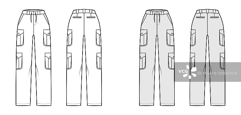 一套工装裤技术时尚插画与正常的腰，高，口袋，皮带环，全长。平图片素材