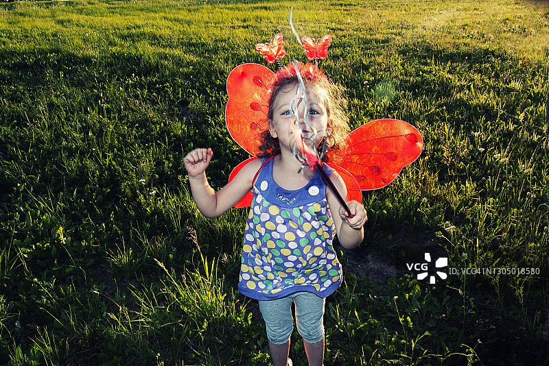 微笑的女孩穿着仙女服装站在波兰的草地上图片素材