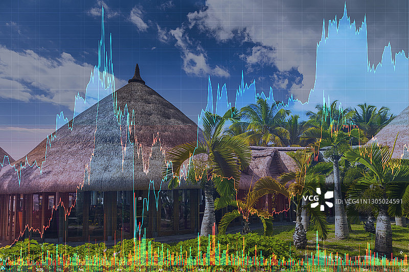 股票图表背景下的热带度假村：世界旅游业危机图片素材