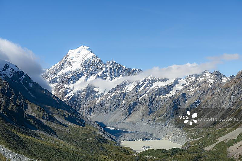 库克山和胡克湖景色，位于新西兰南岛坎特伯雷图片素材