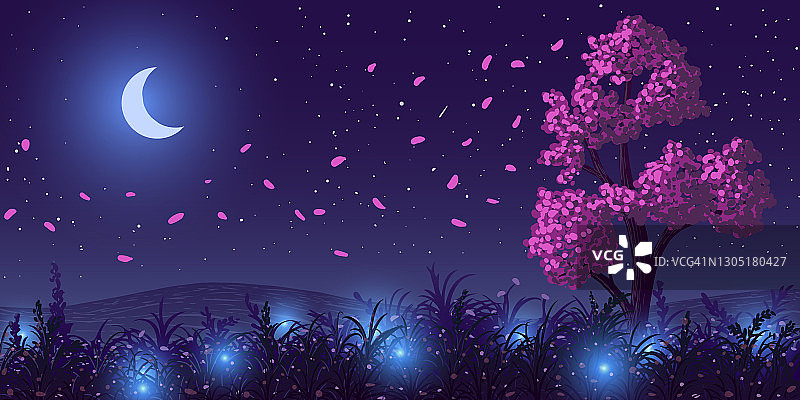 矢量春夜景观：萤火虫草地与花瓣树图片素材