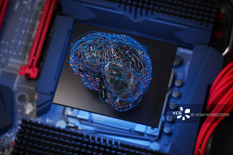 人工智能概念：主板上的人脑模型与蓝色神经丛线条和红色连接点图片素材