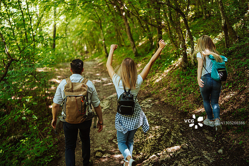 年轻的朋友们在阳光明媚的日子里背着背包在绿色森林中行走图片素材