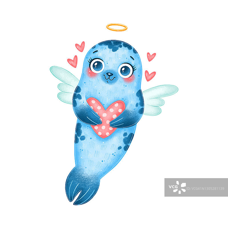白色背景上可爱的卡通丘比特海豹插画，情人节动物图片素材