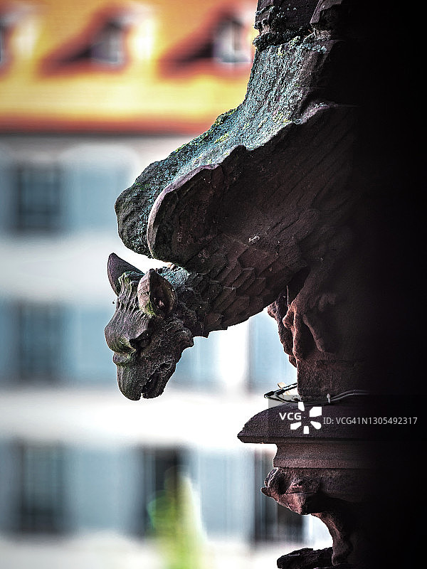 斯特拉斯堡大教堂外部装饰的石像鬼与细节（俯视角度）图片素材