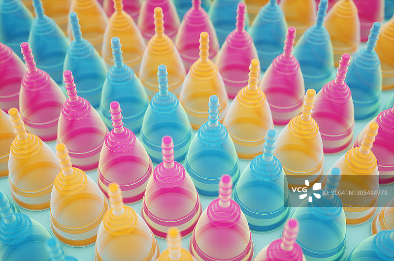 一排月经杯特写 3D渲染插图图片素材