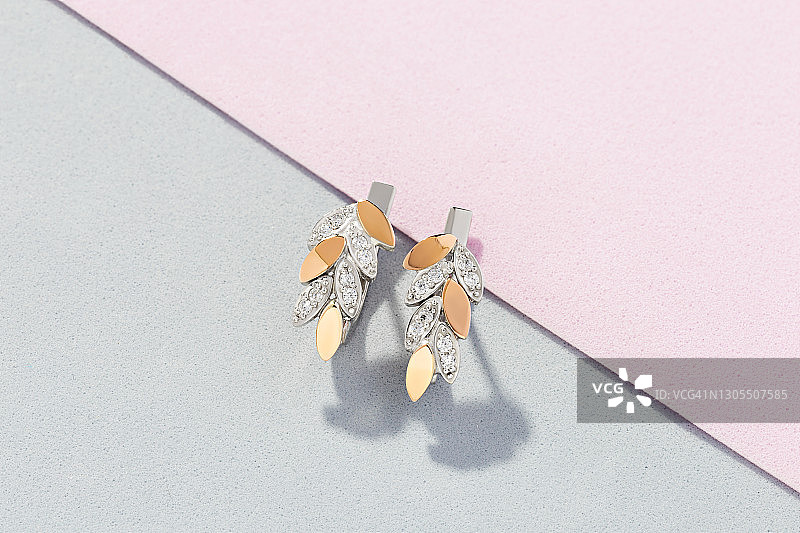 粉灰色背景上镶嵌钻石的银金色树叶形耳环图片素材