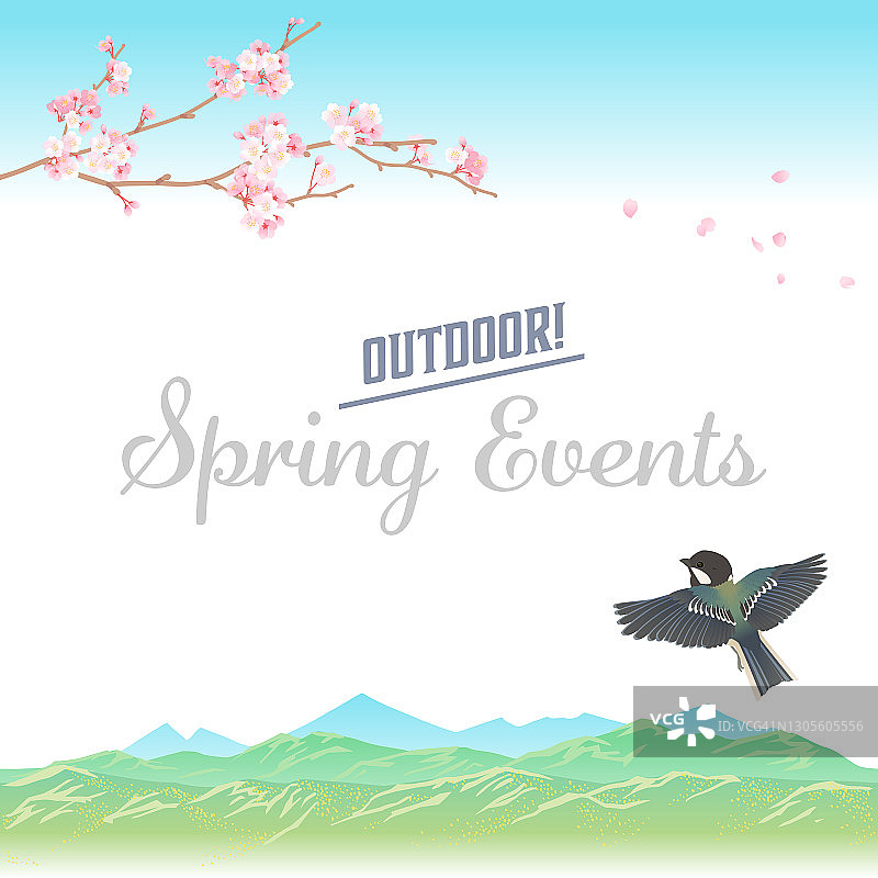 春天山脉和樱花中的可爱野鸟矢量插画图片素材