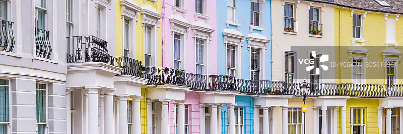 伦敦Primrose Hill的彩色家庭住宅露台全景图片素材