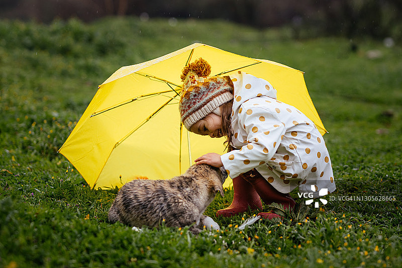雨天为小狗撑伞的小女孩图片素材