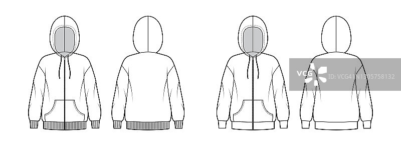 套拉链帽衫运动衫技术时尚插图与超大的身体，袋鼠袋，针织肋袖口。平图片素材