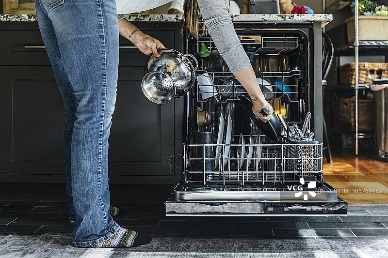 在家中将餐具放入洗碗机的女人图片素材