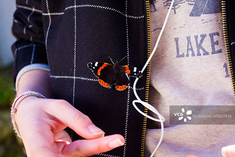 蝴蝶停留在女孩身上图片素材