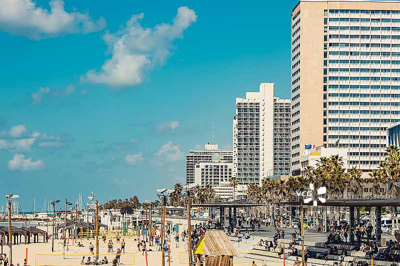 特拉维夫海滨长廊，豪华酒店，地中海海滩图片素材