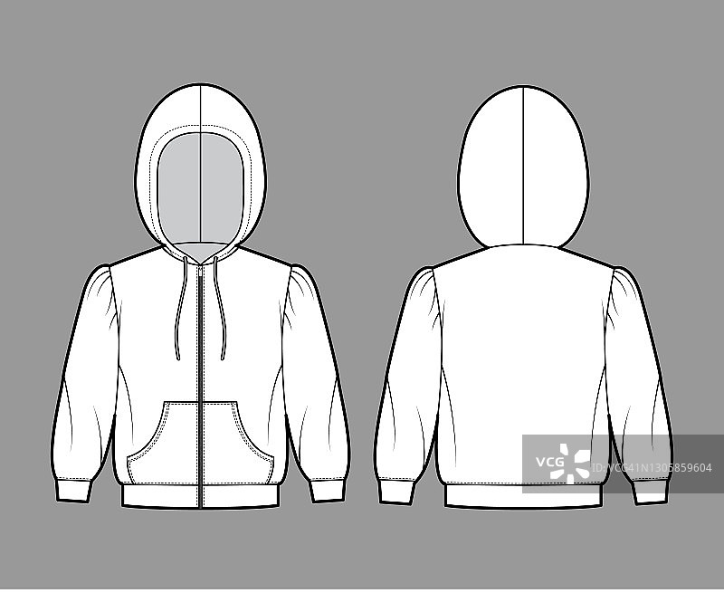 拉链连帽衫技术时尚插图肘袖，放松身体，袋鼠袋，绑边图片素材