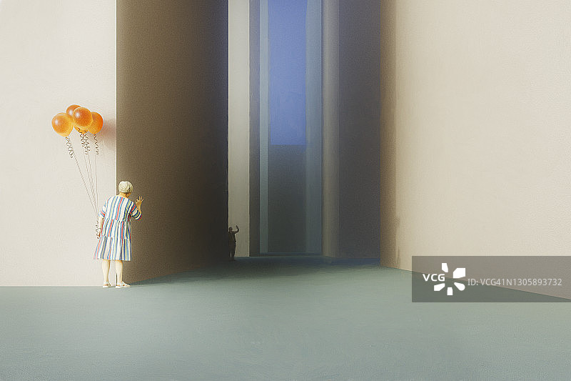 抽象老年夫妇在未来街道挥手图片素材