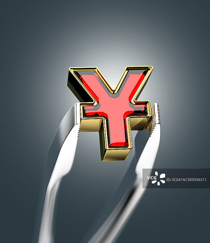 金属镊子夹着镶嵌红宝石的金色元符号图片素材