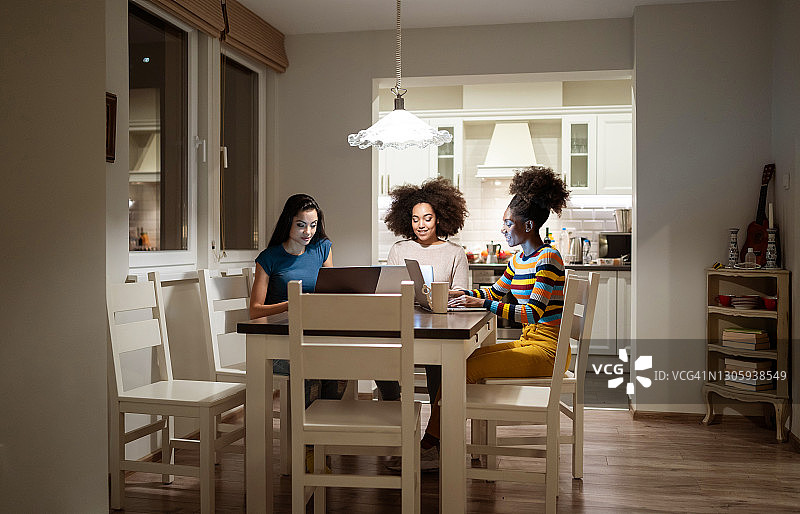 朋友们深夜在家使用笔记本电脑图片素材