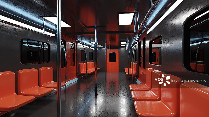 黑红色地铁列车内部的3D渲染图片素材