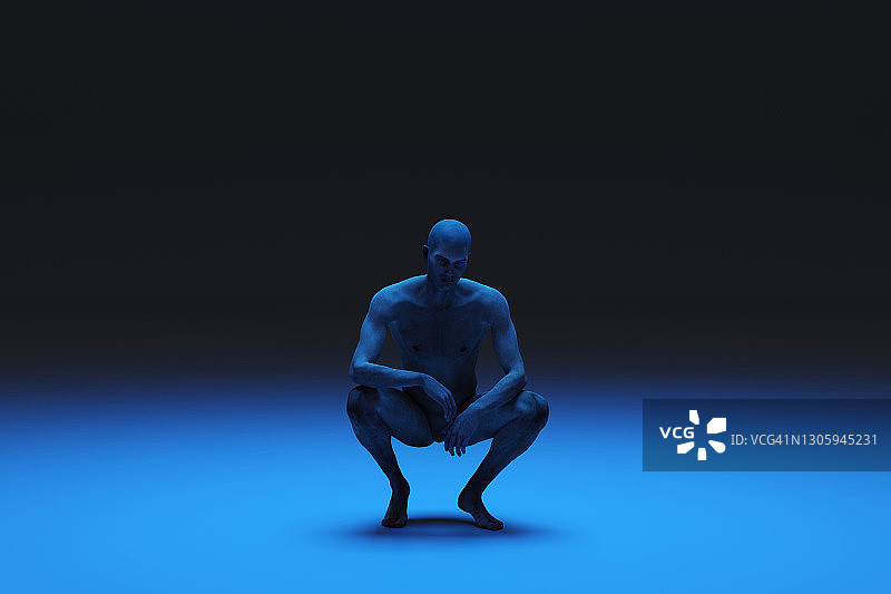 黑暗区域中蹲伏的男人三维渲染图片素材