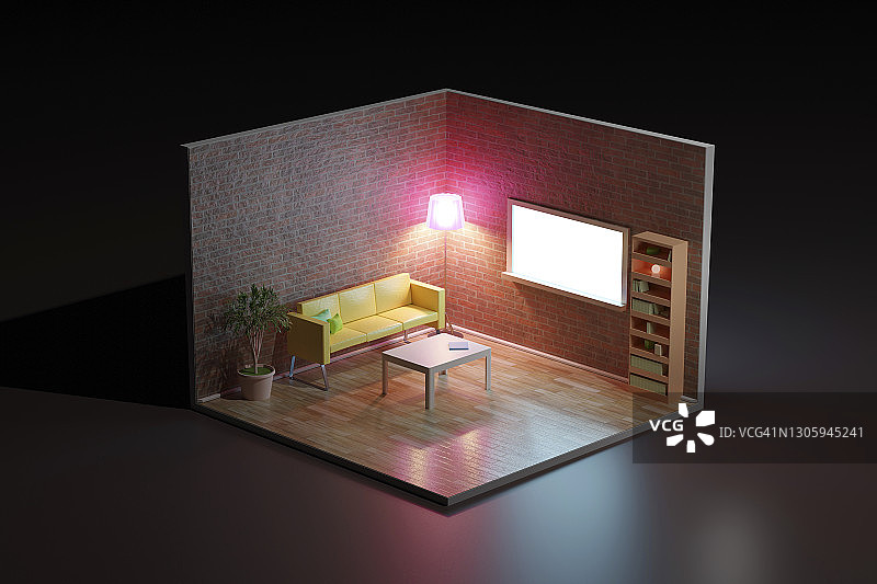 带家具客厅角落的3D渲染图图片素材