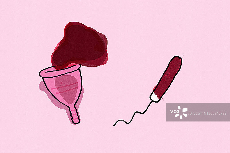 粉色背景上的月经杯和卫生棉条插图图片素材