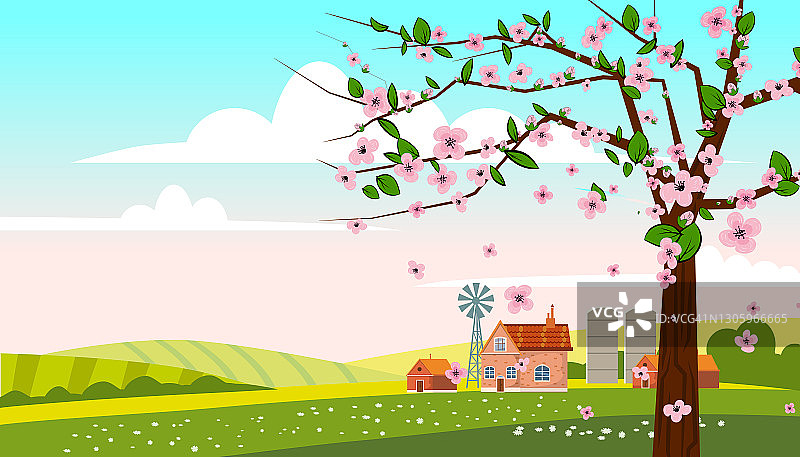 春季乡村田园风光，含开花树、农场等元素的乡村自然景观矢量背景，绿色田野和蓝色天空图片素材