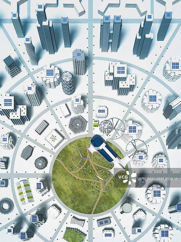 飞越智慧城市的无人机出租车图片素材