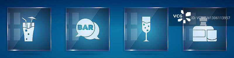 鸡尾酒、酒吧路标、香槟酒杯、威士忌酒瓶和玻璃杯矢量素材图片素材