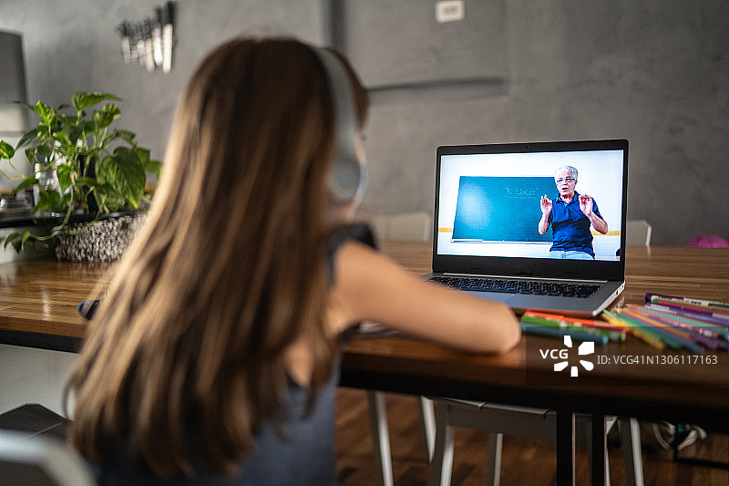 女孩在家用笔记本电脑上网课图片素材
