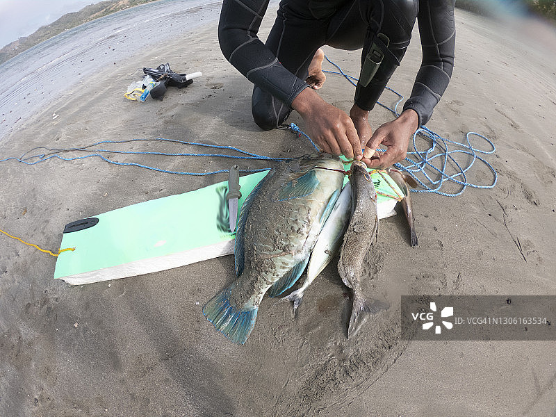 渔民在海滩准备清理鱼的POV视角图片素材