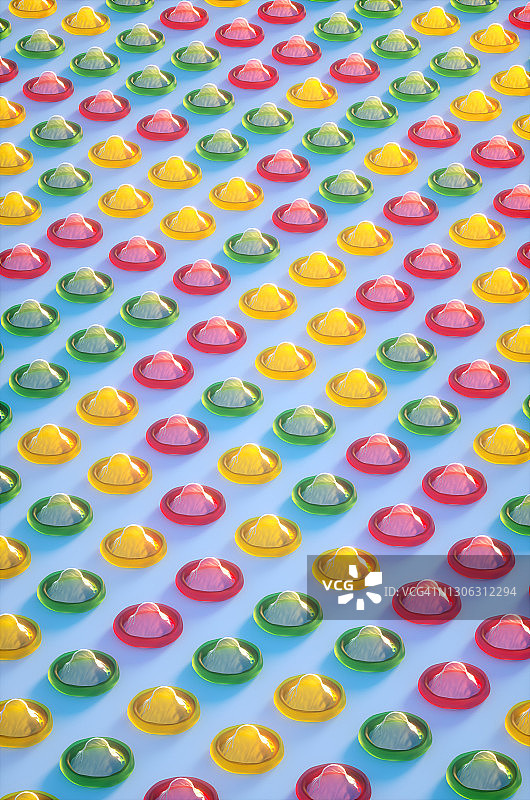 蓝色背景上的波普艺术彩色安全套3D渲染图片素材