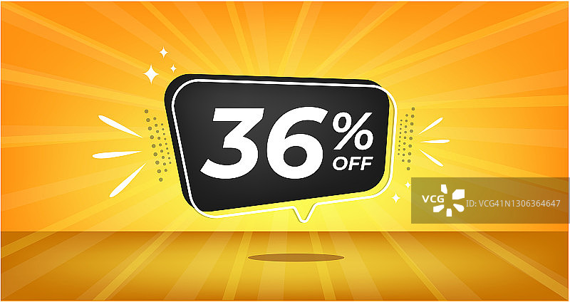 36%折扣。黑色气球上的黄色banner，提供超大促销。图片素材
