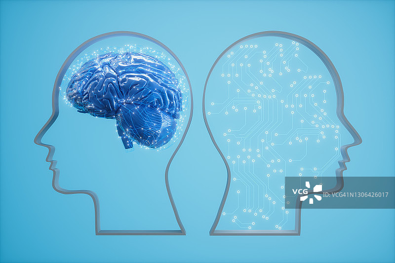 蓝色背景下的人脑与神经丛及连接点，以及人头模型中的人工智能图片素材