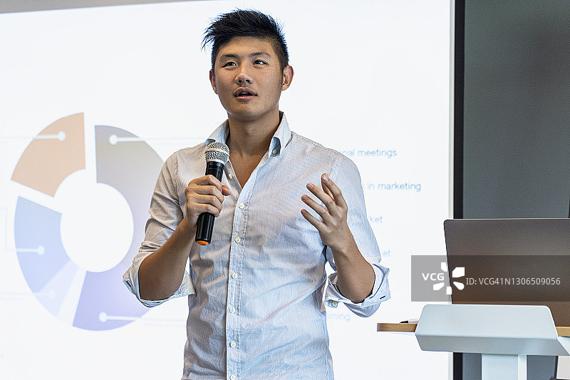 年轻商人在会议室做演示图片素材